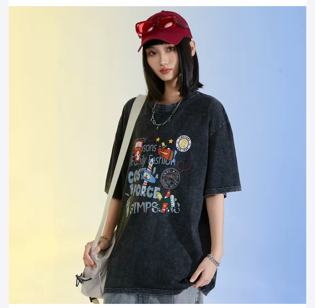 辛普森一家 美式卡通图案印花做旧水洗短袖T恤 男女同款