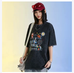 男女同款 辛普森一家 T恤 卡通图案印花做旧水洗短袖 美式