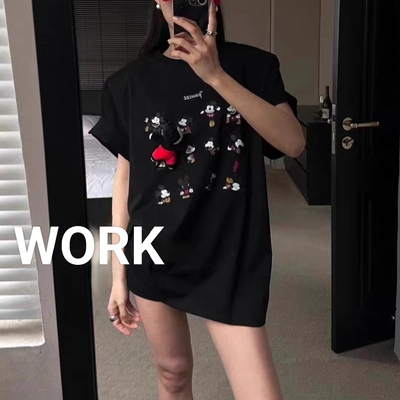 WORK2024夏季新款卡通趣味米奇印花重磅纯棉宽松短袖T恤男女同款