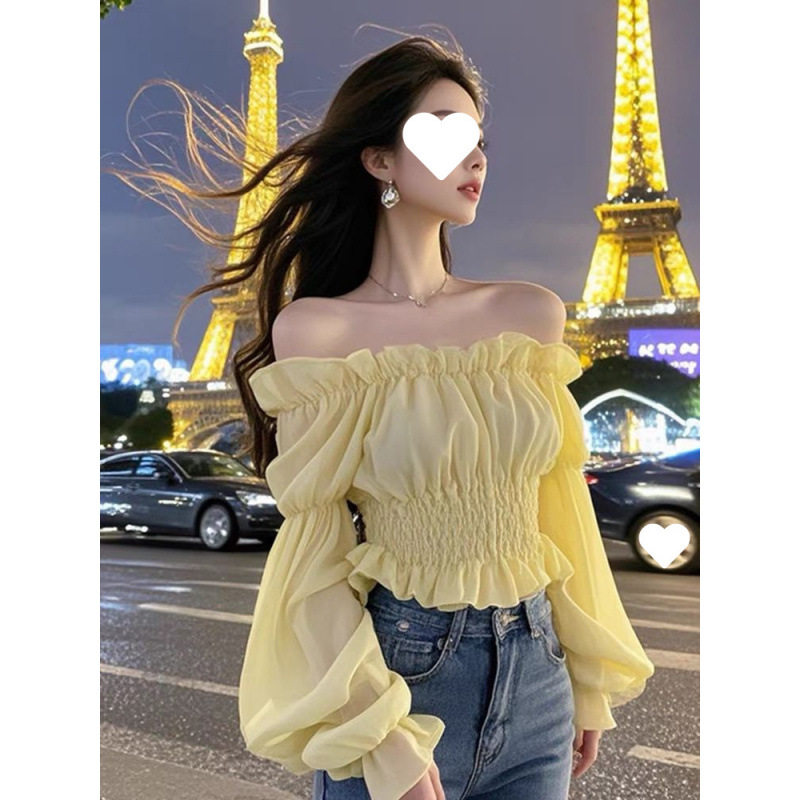 御姐女神范荷叶边一字肩纯欲风性感上衣春夏秋冬新款韩版显瘦内