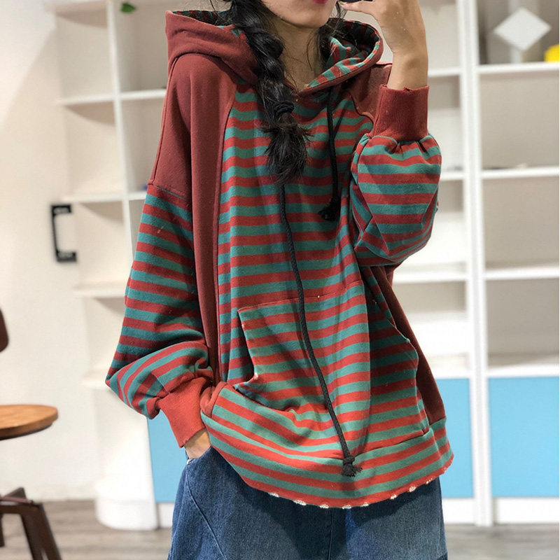 秋冬季日系条纹拼接撞色宽松显瘦减龄品质纯棉加绒鼠兜连帽卫衣女