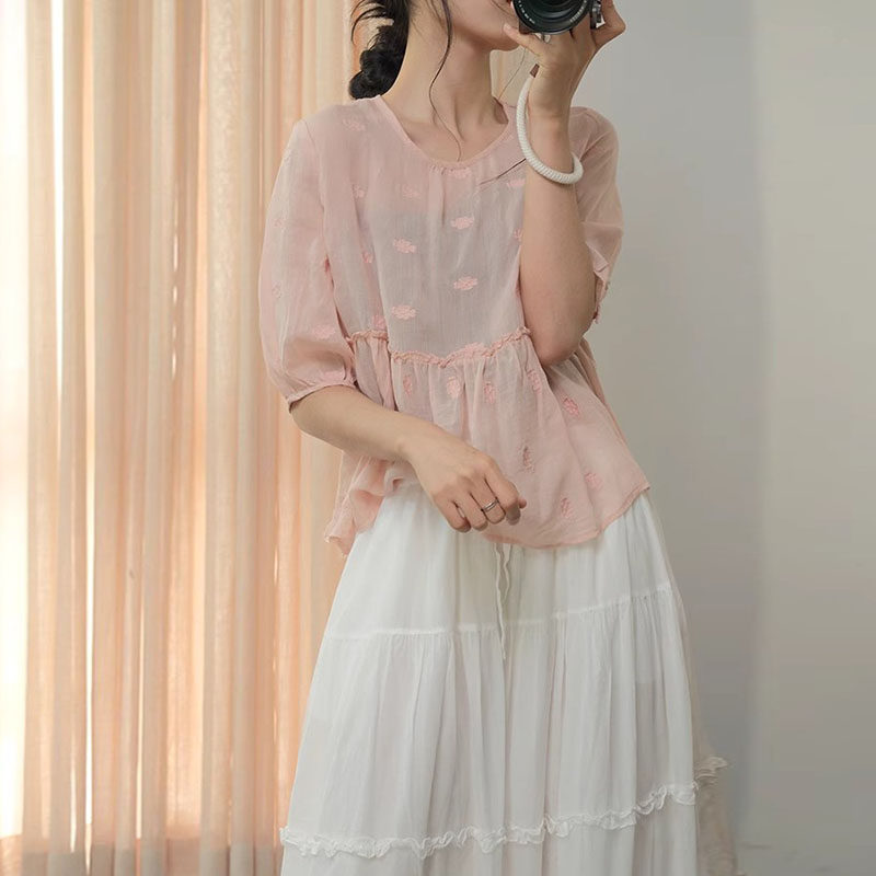 夏季新品中式小清新民族风提花薄款娃娃衬衫宽松拼接套头苎麻衬衣