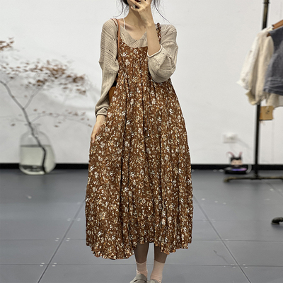 文艺大摆棉质碎花吊带裙棉质春季