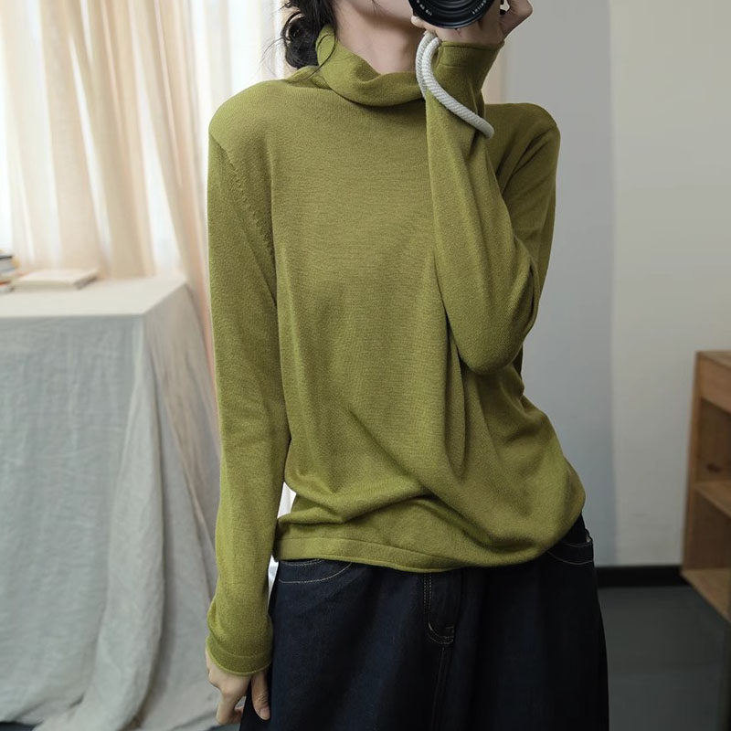 秋季日系原宿森女半高领落肩垂感棉料上衣通勤百搭弹力打底T恤衫