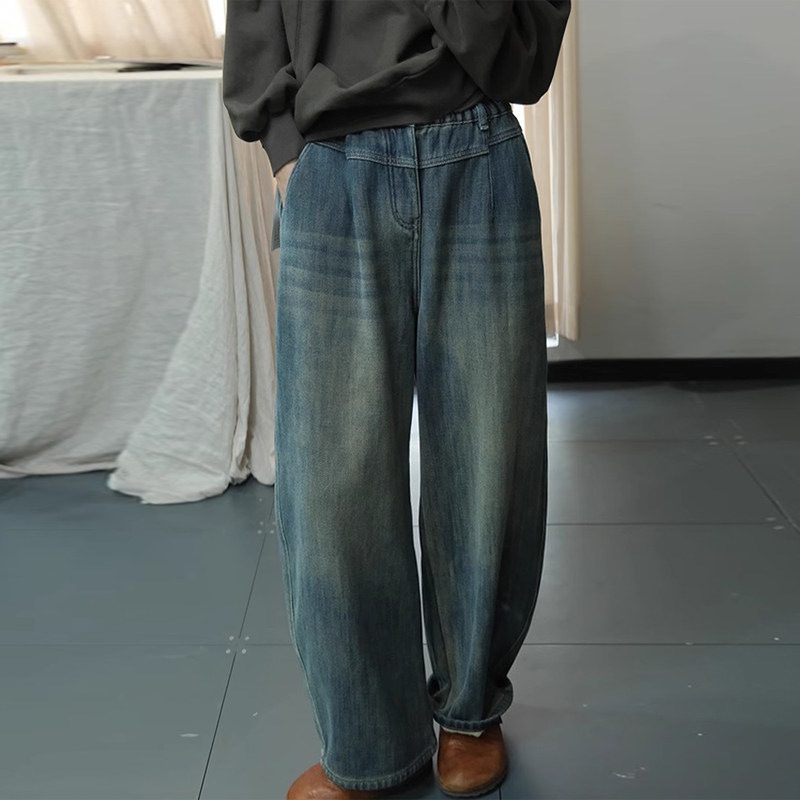 古与色韩版复古水洗做旧宽松大码休闲裤松紧腰牛仔加绒阔腿裤女冬