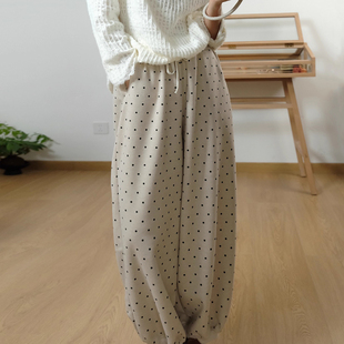 古与色冬季韩版时尚高腰束脚宽松大码保暖纯棉加绒波点哈伦长裤女
