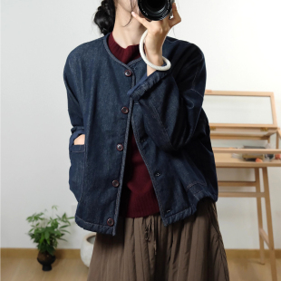 古与色冬季文艺复古蝙蝠袖宽松大码保暖牛仔夹棉衬衣短外套棉服女