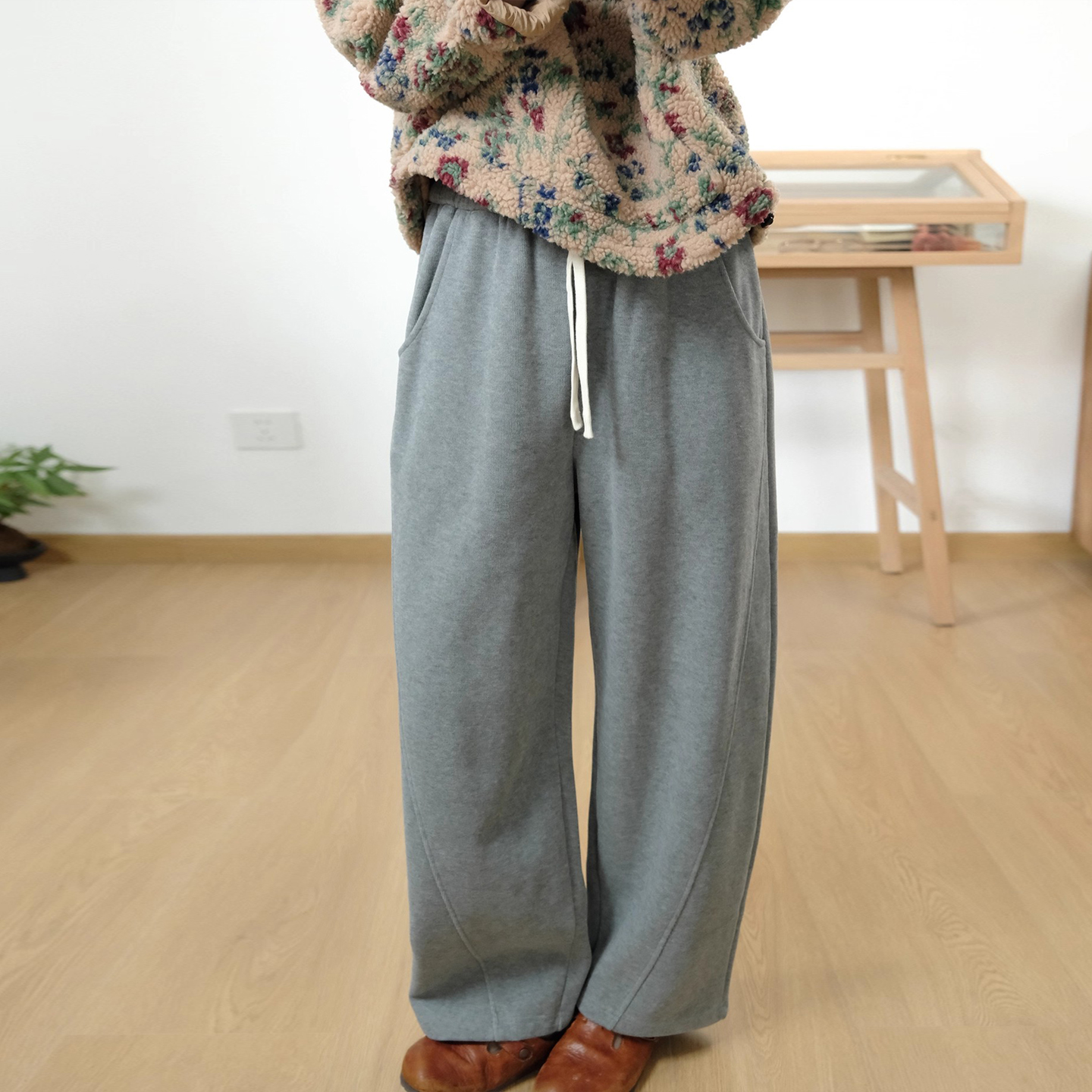 韩版高腰宽松纯棉加绒阔腿卫裤女