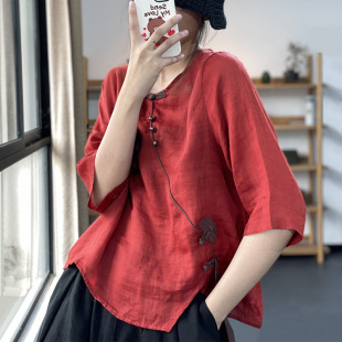 古与色夏季文艺复古宽松显瘦衬衣不规则盘扣系带苎麻料衬衫上衣女