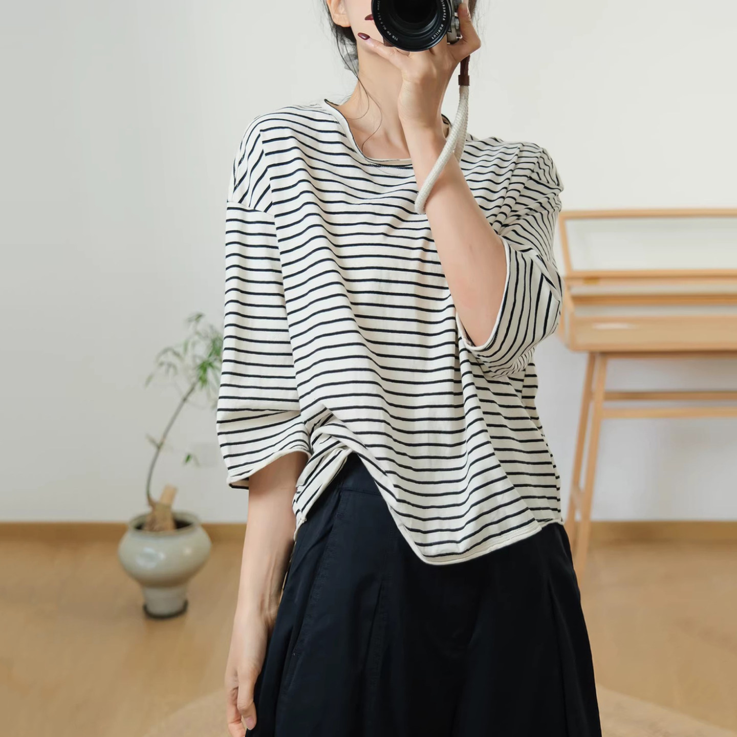 古与色夏季韩版慵懒风圆领宽松大码舒适蝙蝠袖纯棉条纹T恤上衣女