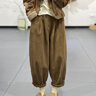 高腰加绒灯芯绒老爹哈伦裤 古与色冬季 休闲长裤 简约宽松大码 女 韩版