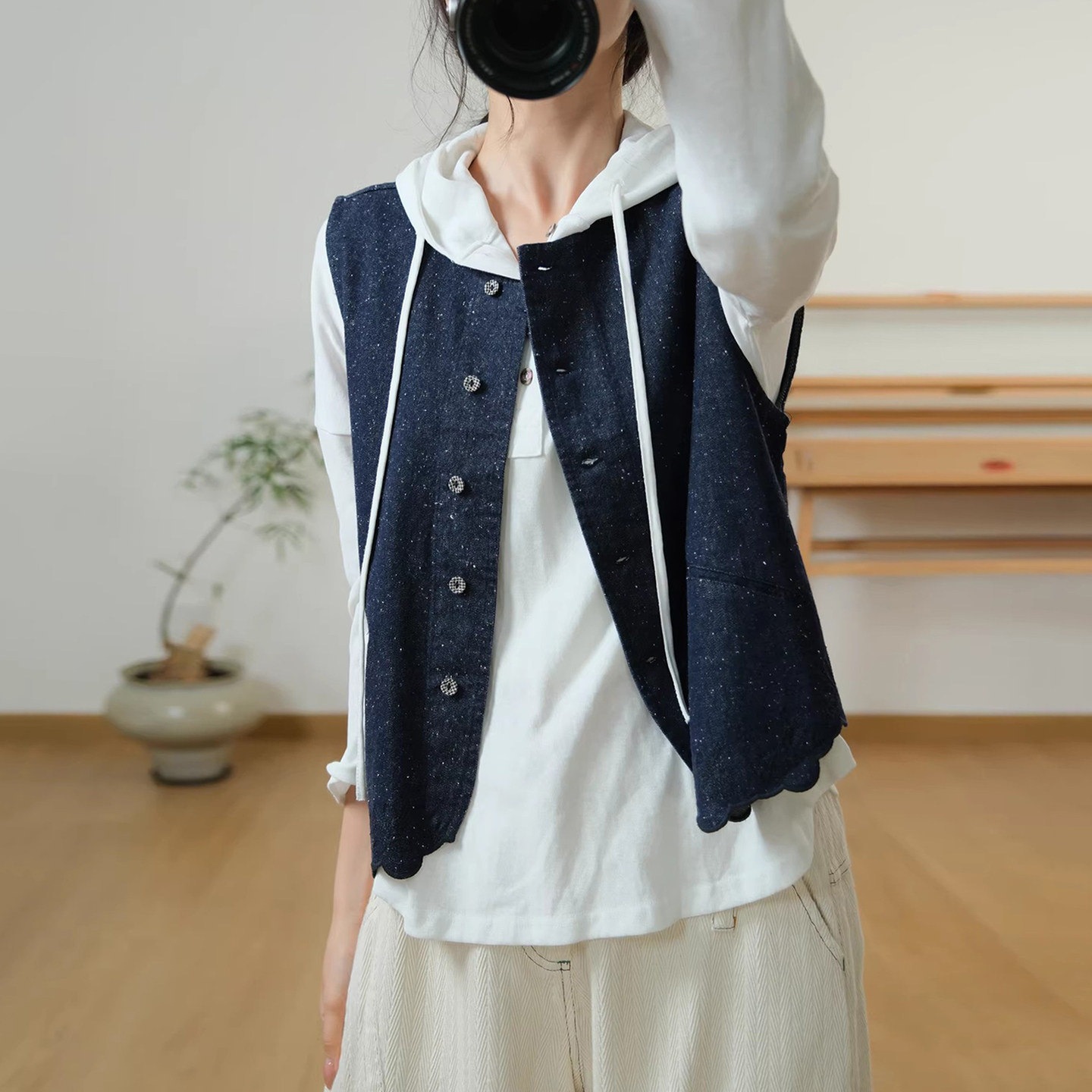 古与色春季韩版复古刺绣花边宽松大码坎肩百搭牛仔开衫外套马甲女