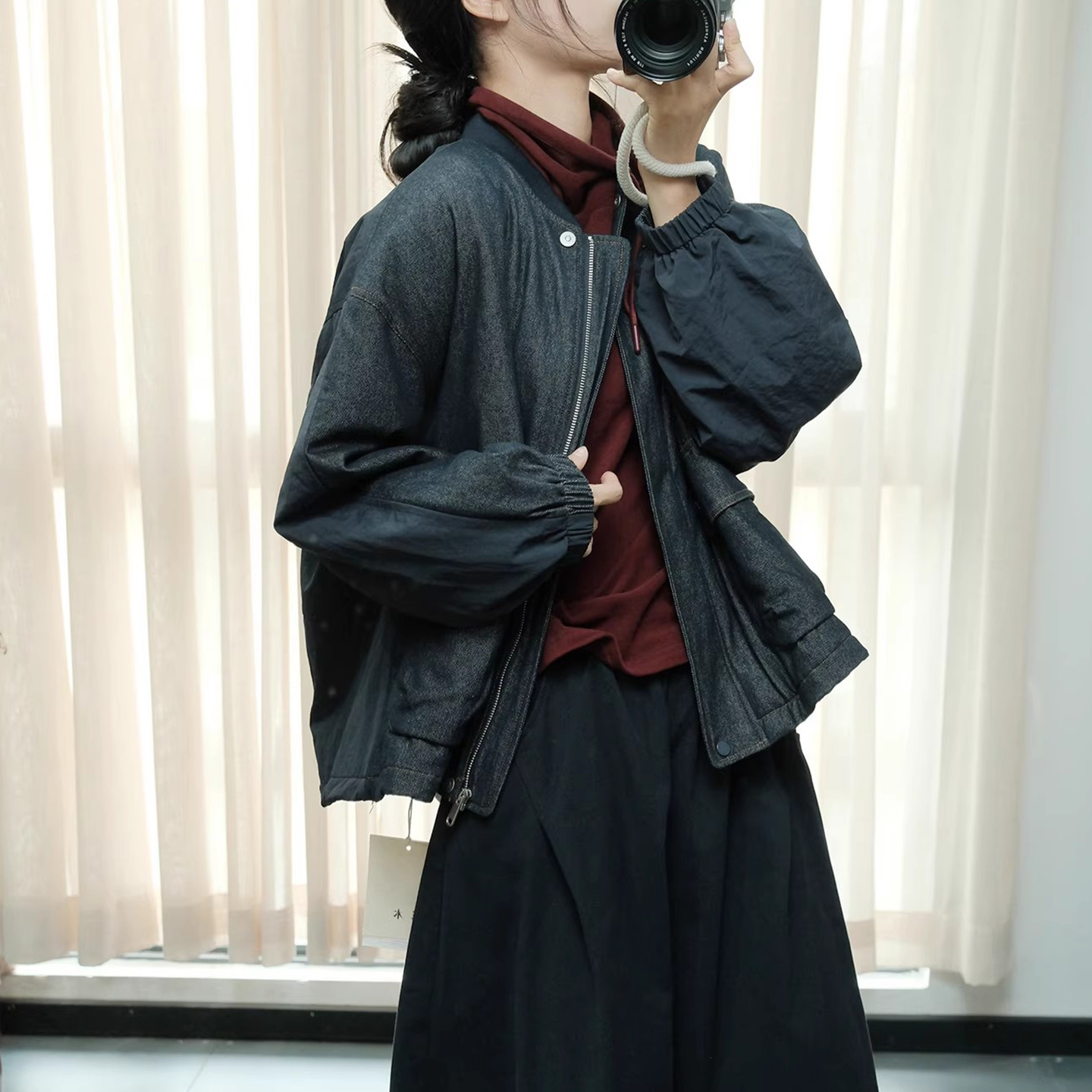 冬季日韩休闲复古简约双口袋百搭宽松棉衣女保暖牛仔棉服拉链外套