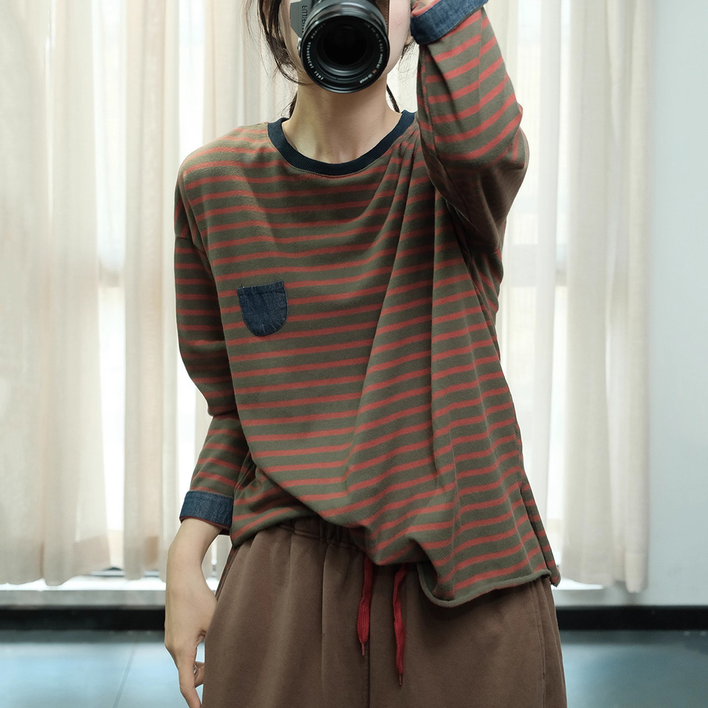 古与色 韩版文艺口袋宽松大码显瘦长袖条纹纯棉打底T恤衫女上衣秋