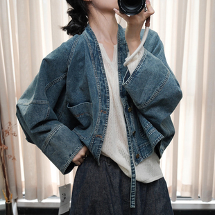 短外套女 休闲牛仔开衫 古与色秋冬文艺复古宽松显瘦蝙蝠袖 系带个性