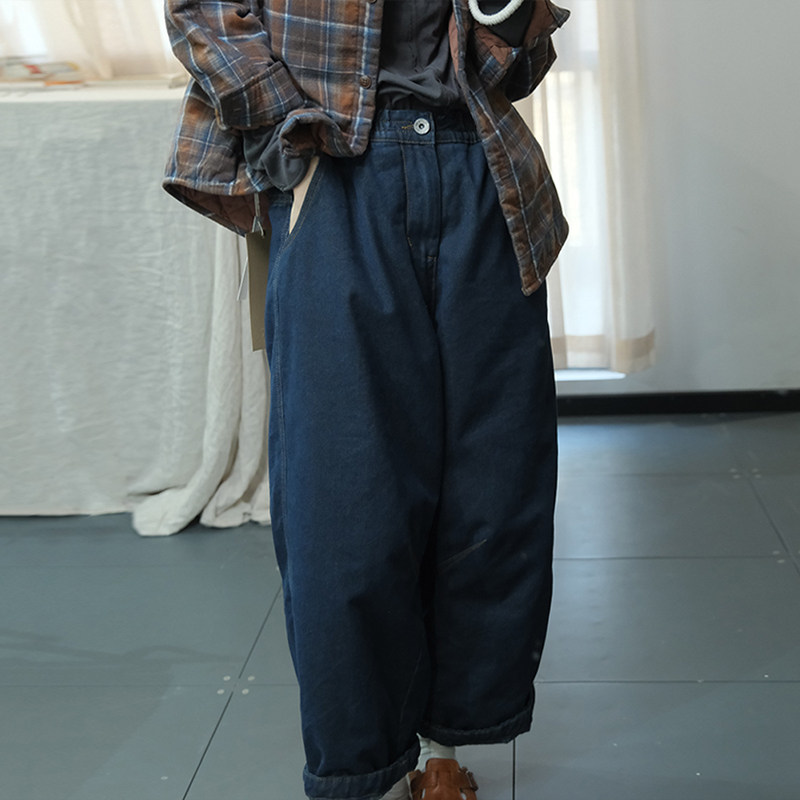 古与色冬季韩版港风做旧宽松大码休闲长裤松紧腰牛仔夹棉哈伦裤女,女装/女士精品,牛仔裤,淘宝优惠券,粉丝福利购,淘宝优惠卷