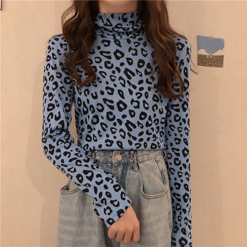 复古港风chic秋冬气质豹纹波点黑白长袖高领打底衫女洋气内搭上衣