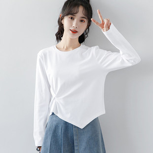新款 T恤女装 2024早秋季 不规则设计感白色长袖 短款 上衣纯色打底衫