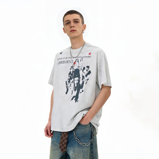 大黄怪美式 T恤男高级感痞帅炸街体恤上衣情侣 复古摇滚印花短袖