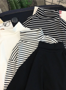 春秋冬季德绒加绒加厚保暖高领打底衫黑色条纹内搭洋气长袖t恤女