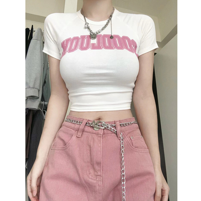 修身短款白色正肩短袖t恤女