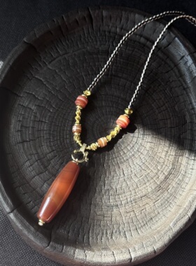 【藏玺·物与悟/缘】精品缠丝玛瑙红肉天珠竖款锁骨项链 原创设计