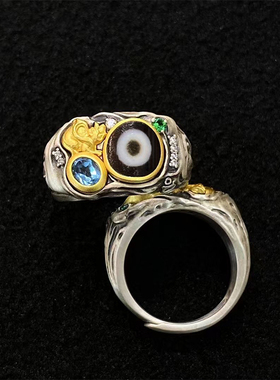 藏式S925纯银镶嵌吐宝鼠天珠戒指