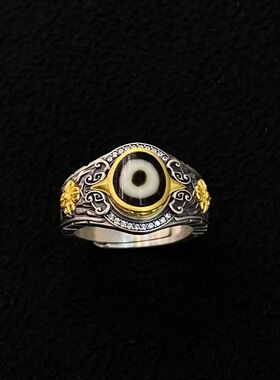 【藏玺物与悟/缘】聚缘925银精工镶嵌金刚杵天珠戒指喜马拉雅艺术