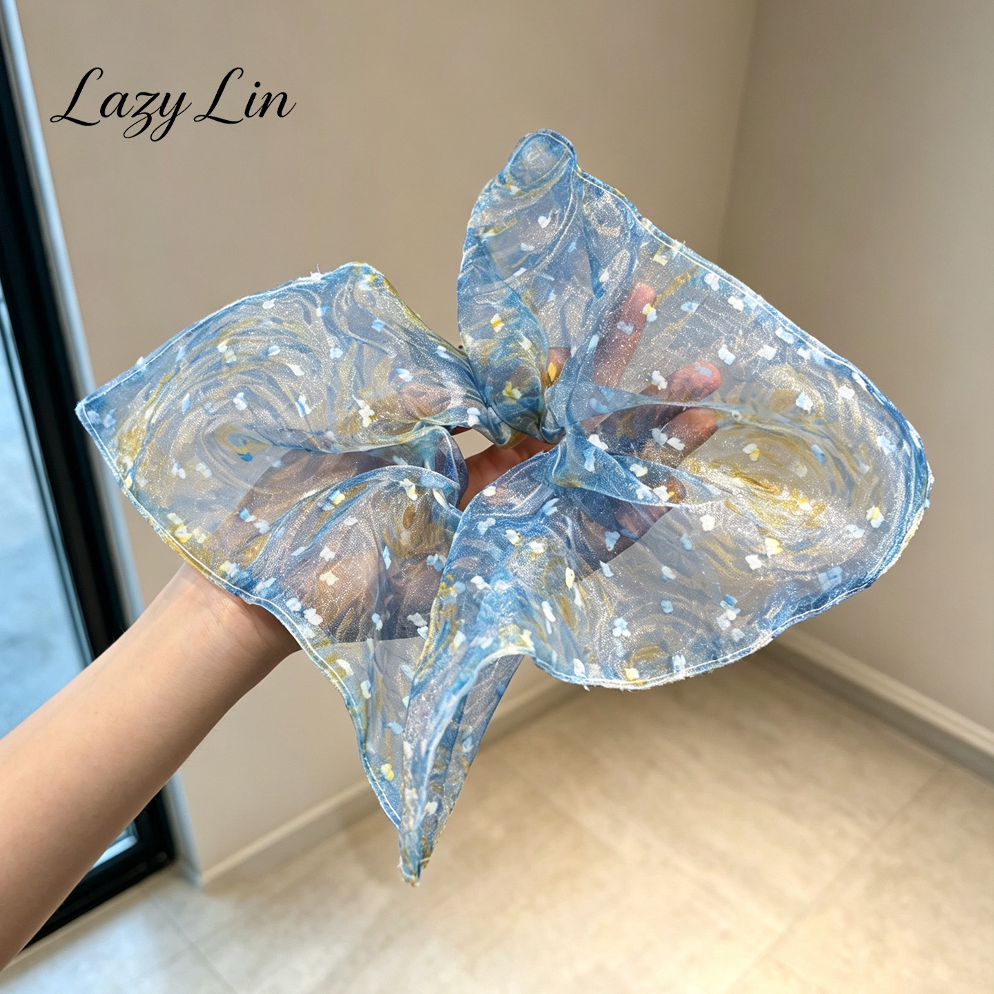 蓝调星空碎闪欧根纱方巾大肠发圈 清透薄纱少女氛围感飘带发绳