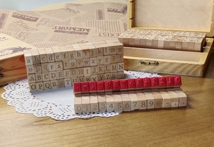 复古基础英文大写小写字母数字木质印章木盒套装手帐70枚组合套装