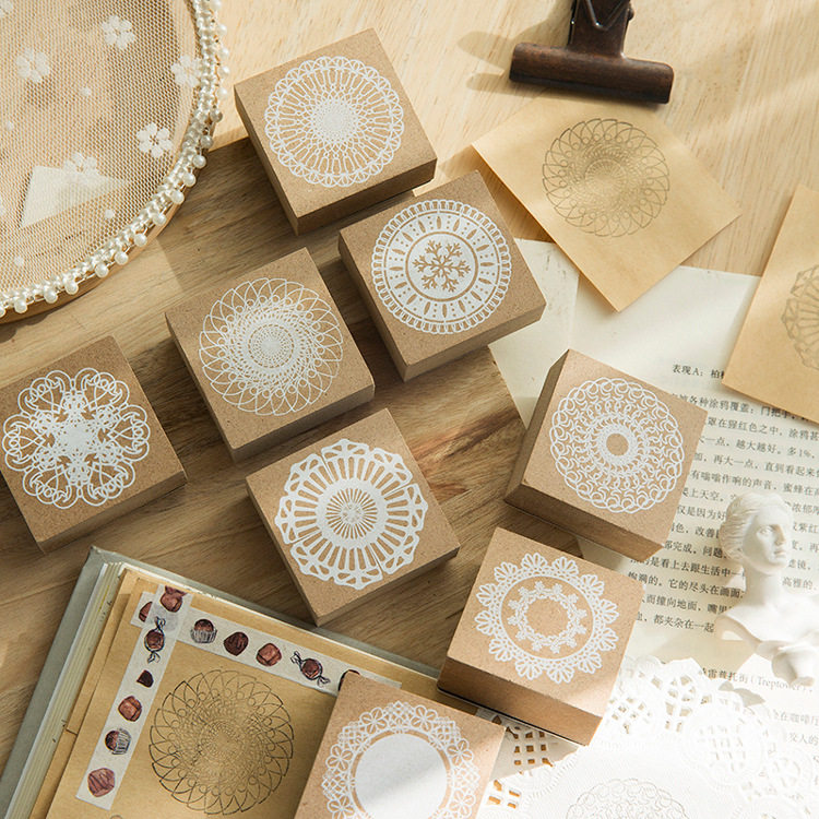 蕾丝印花圆形木质橡胶印章diy手工个人手账素材日记装饰