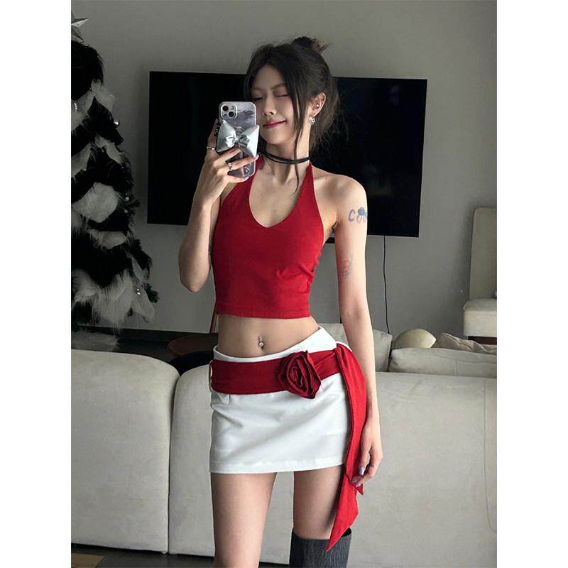 美式辣妹红色挂脖吊带背心女夏季外穿性感美背短款无袖上衣两件套