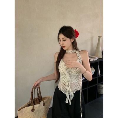 法式波点挂脖吊带背心女夏季设计感小众甜辣荷叶边带胸垫短款上衣