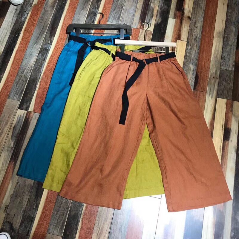 茗苒亚麻直筒休闲阔腿裤女配腰带夏宽松百搭松紧腰通勤薄款九分裤