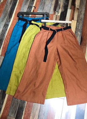 茗苒亚麻直筒休闲阔腿裤女配腰带夏宽松百搭松紧腰通勤薄款九分裤