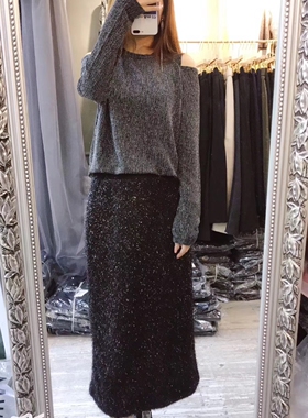 茗苒闪光亮丝黑色半身裙女秋冬新款显瘦百搭松紧腰中长款流苏裙子