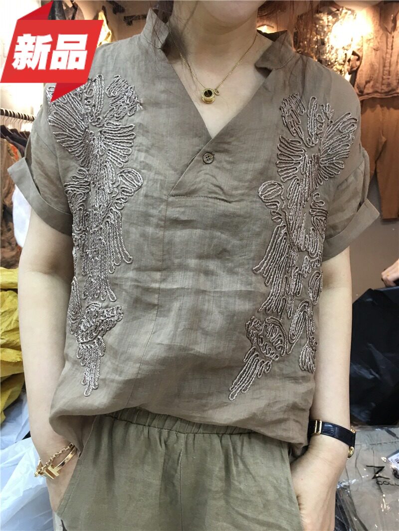 ZE棉麻衬衫女短袖2022夏宽松洋气复古文艺V领ins泽然刺绣苎麻上衣