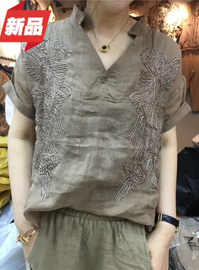 ZE棉麻衬衫女短袖2022夏宽松洋气复古文艺V领ins泽然刺绣苎麻上衣