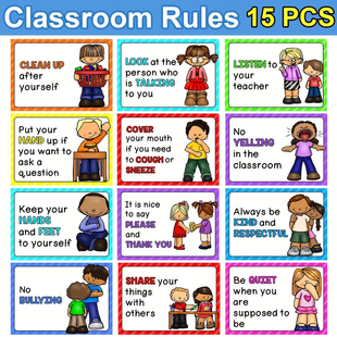 15张英语classroom 海报 rules教室课堂规则双语学校墙面布置美式