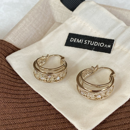 新品9折】法式复古镶钻咖啡金圈圈耳环女小众设计感高级轻奢耳饰