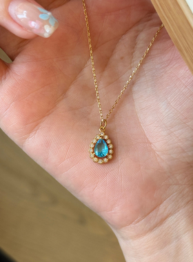 新品85折】蓝色多巴胺显白镶钻水滴项链女款精致小巧气质轻奢吊坠