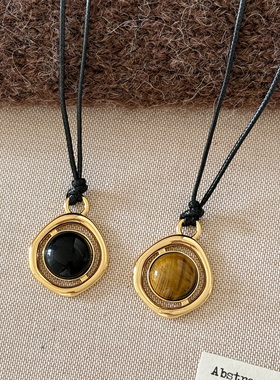 大米饰品】简约复古虎眼石黑色编绳长款项链高级感百搭秋冬毛衣链