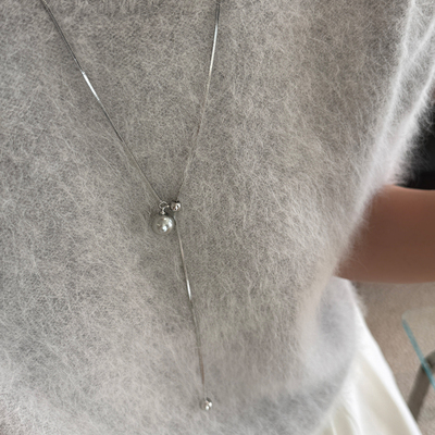 大米饰品】法式复古灰色珍珠项链抽拉可调节长款蛇骨轻奢毛衣链