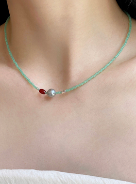 大米饰品】绿色琉璃米珠串珠项链叠戴锁骨链小众新中式小清新颈链