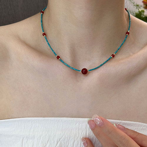 手作仿绿松串珠项链新中式风颈链