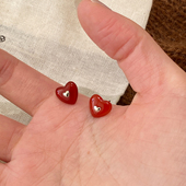 大米饰品 s925纯银红色玛瑙爱心耳钉小众设计高级感耳环简约气质