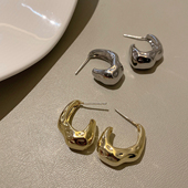 S925银针耳环港风高级感ins粗款 椭圆半圈气质圆圈耳圈百搭设计感