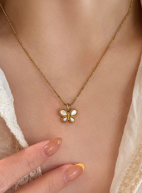 新品88折】钛钢不掉色金色贝母蝴蝶项链小众设计感百搭夏天锁骨链