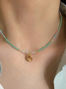 大米饰品】超仙蓝色系清新彩色串珠项链圆球吊坠小米珠锁骨链复古