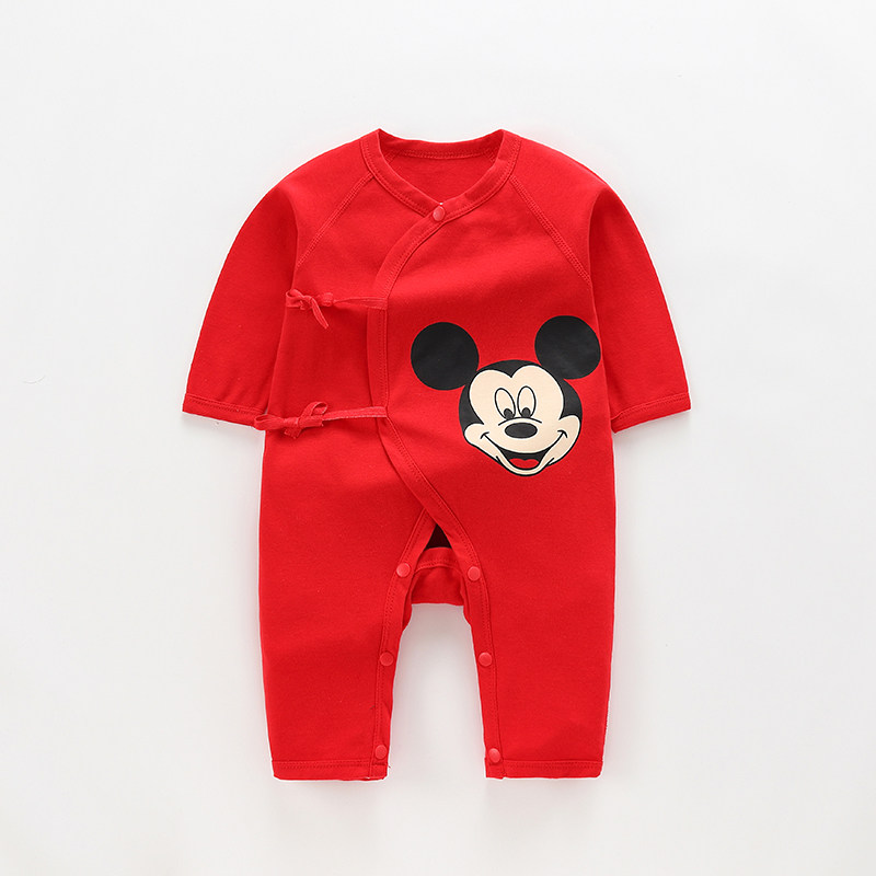 婴儿连体蝴蝶衣系带满月男女新生宝宝大红纯棉和尚服超萌可爱睡衣